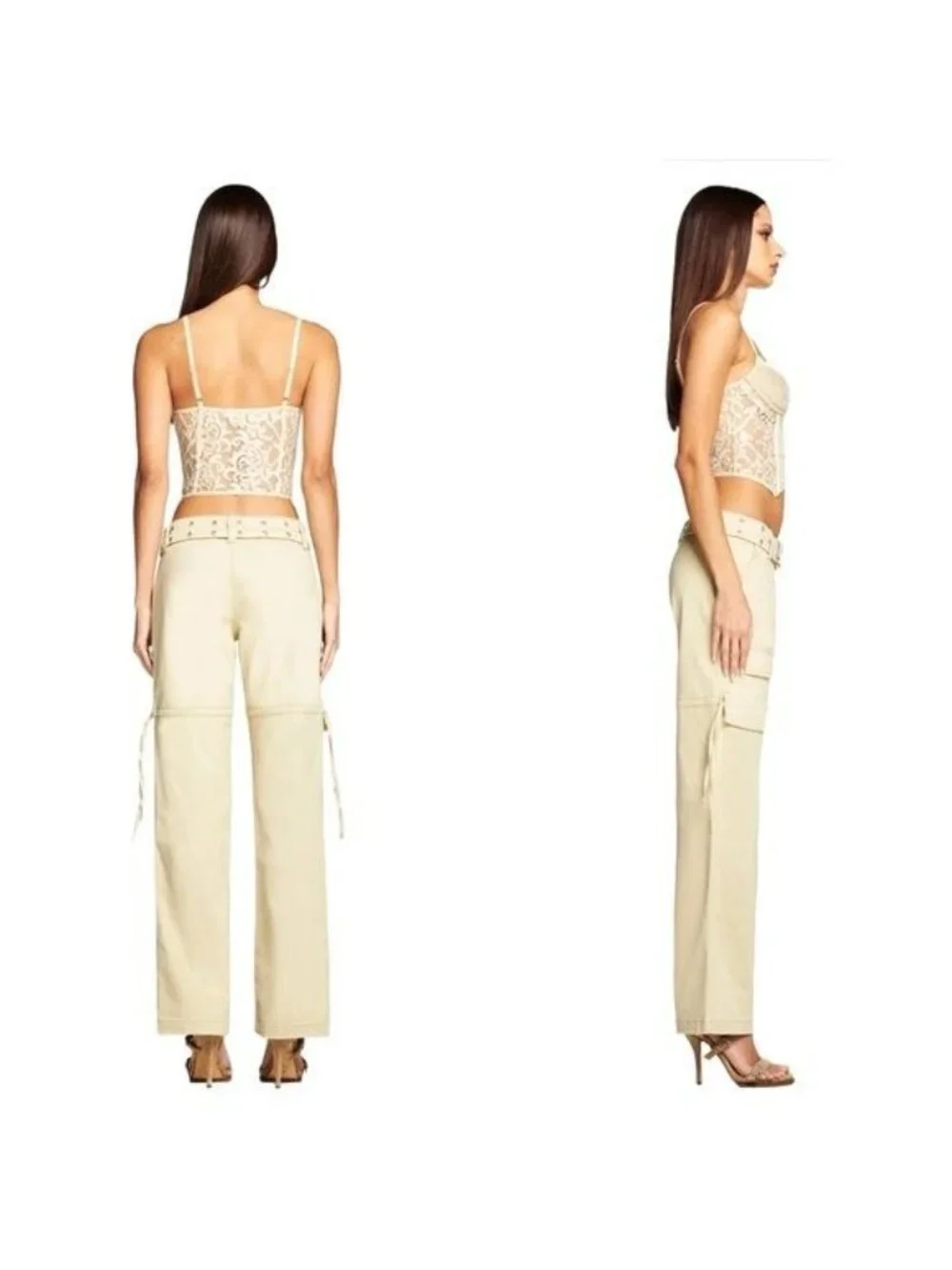 NWT I.AM.GIA Elena Top S Tan Ivory Lace Corset Sheer Crop Burnout Cut Out Velvet